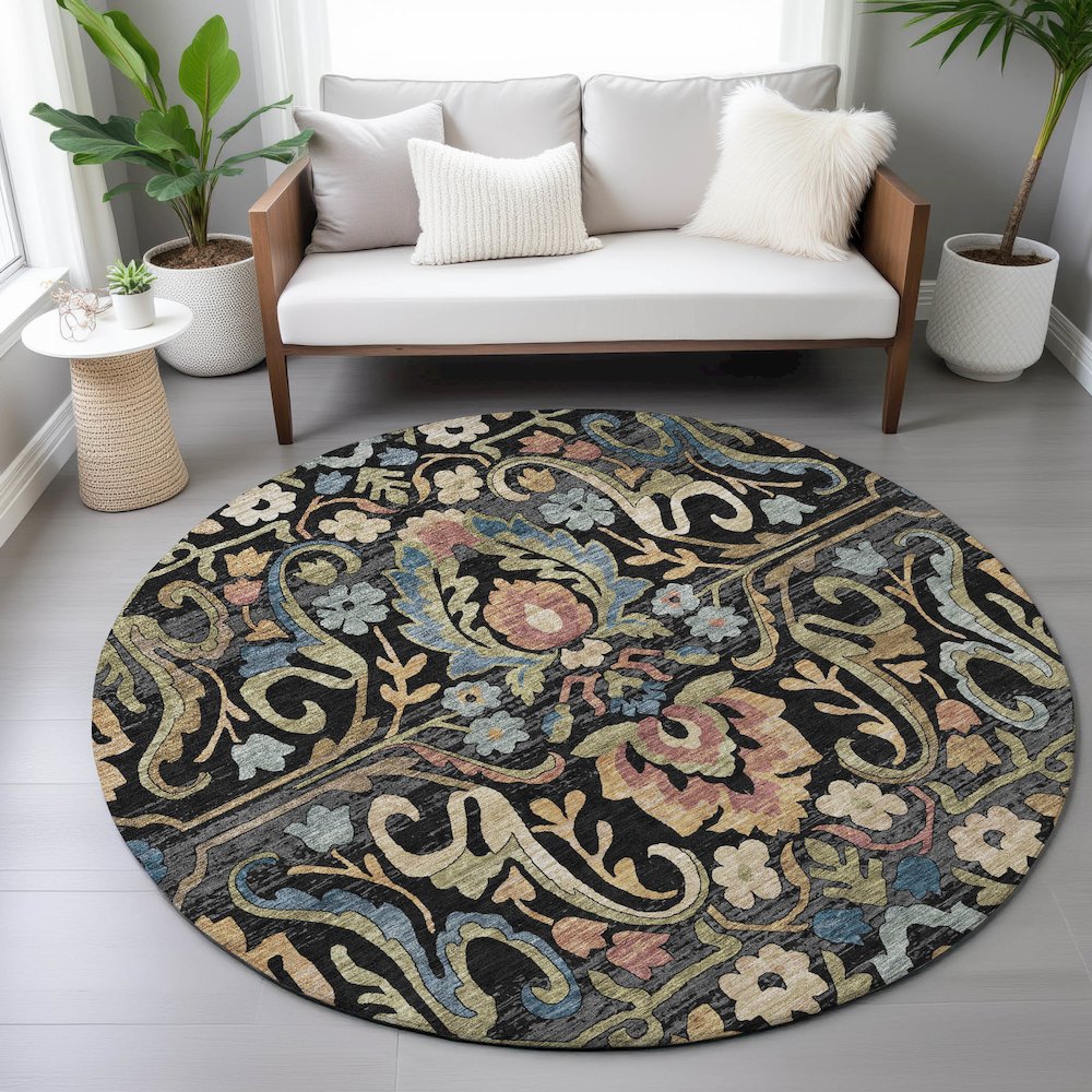 Machine Washable Indoor/Outdoor Chantille ACN2193 Black 8' x 8' Round Rug. Picture 5