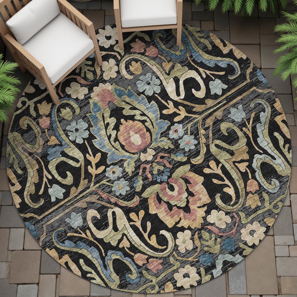 Machine Washable Indoor/Outdoor Chantille ACN2193 Black 8' x 8' Round Rug. Picture 6