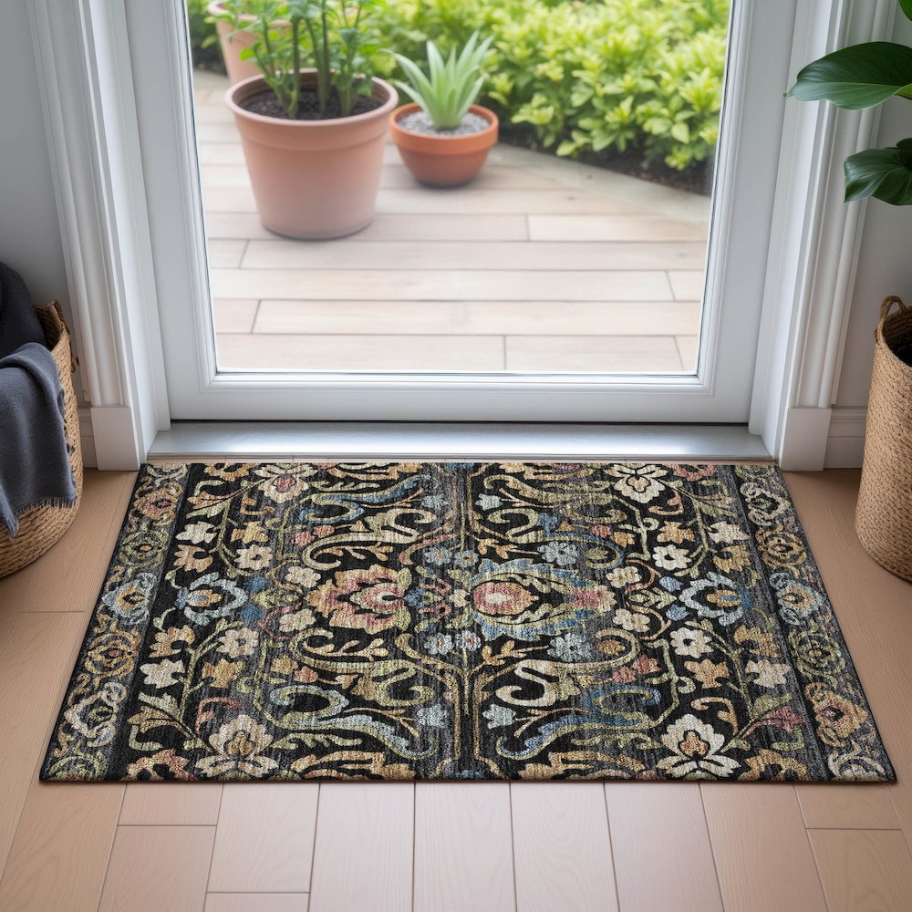 Machine Washable Indoor/Outdoor Chantille ACN2193 Black 1'8" x 2'6" Rug. Picture 5