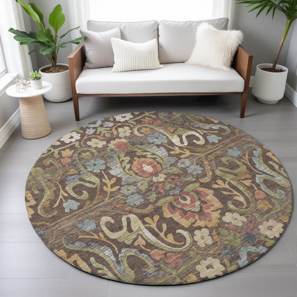 Machine Washable Indoor/Outdoor Chantille ACN2193 Chocolate 8' x 8' Round Rug. Picture 5