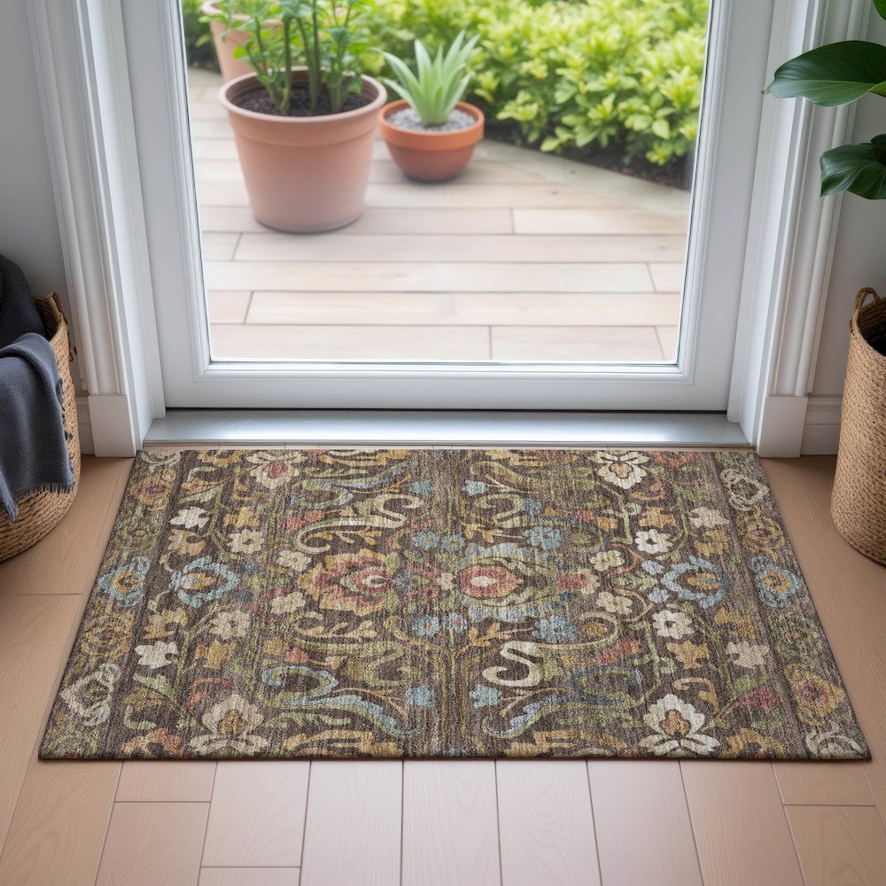 Machine Washable Indoor/Outdoor Chantille ACN2193 Chocolate 1'8" x 2'6" Rug. Picture 5