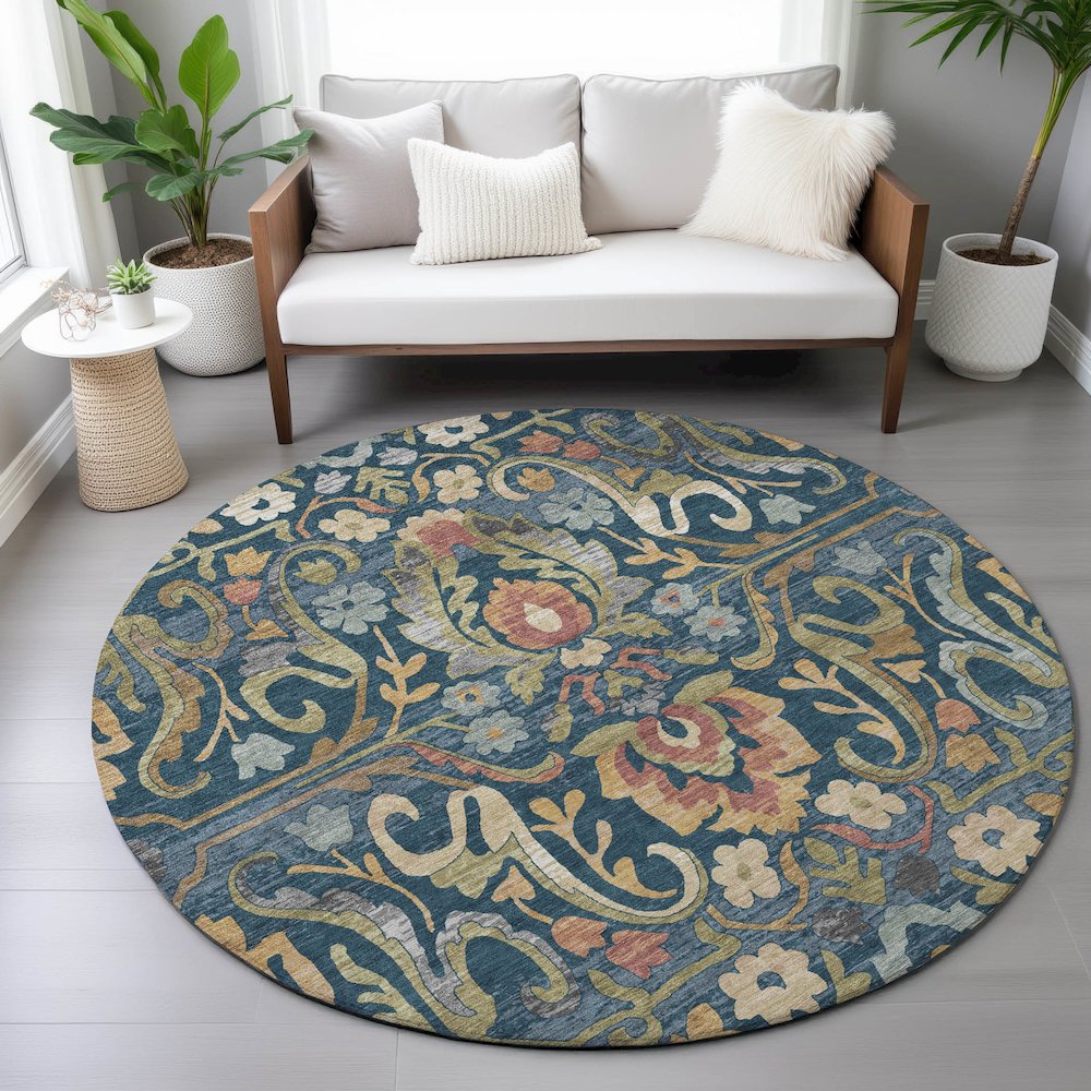 Machine Washable Indoor/Outdoor Chantille ACN2193 Navy 8' x 8' Round Rug. Picture 5