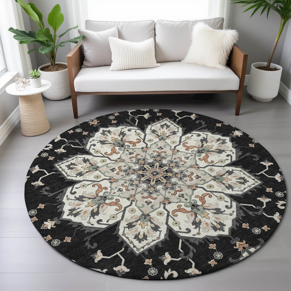 Machine Washable Indoor/Outdoor Chantille ACN2194 Black 8' x 8' Round Rug. Picture 5