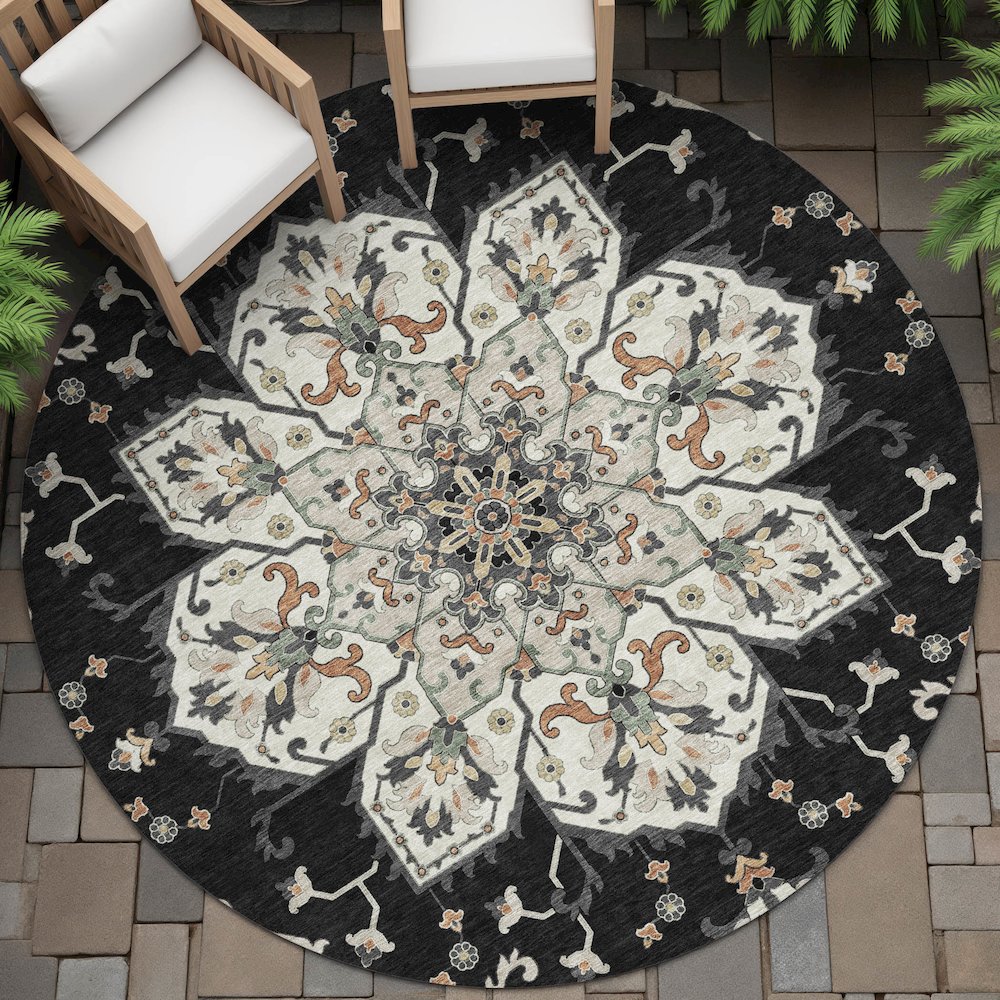 Machine Washable Indoor/Outdoor Chantille ACN2194 Black 8' x 8' Round Rug. Picture 6