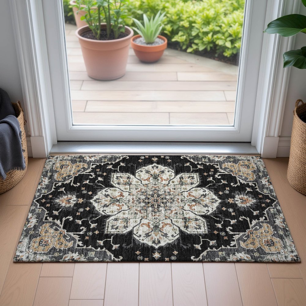 Machine Washable Indoor/Outdoor Chantille ACN2194 Black 1'8" x 2'6" Rug. Picture 5