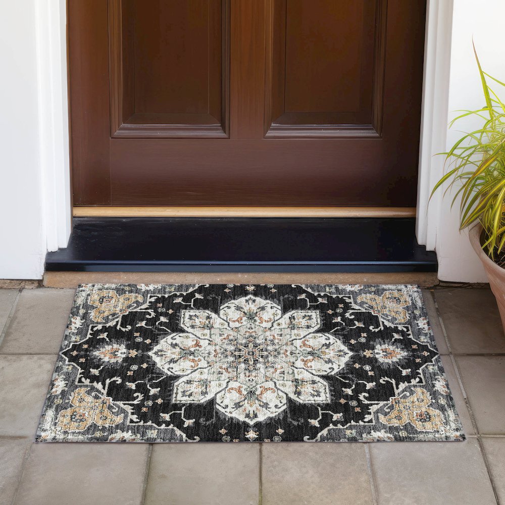 Machine Washable Indoor/Outdoor Chantille ACN2194 Black 1'8" x 2'6" Rug. Picture 6