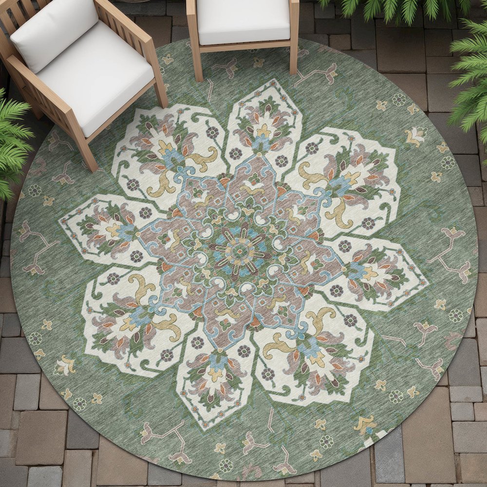 Machine Washable Indoor/Outdoor Chantille ACN2194 Green 8' x 8' Round Rug. Picture 6