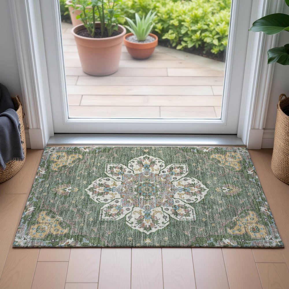 Machine Washable Indoor/Outdoor Chantille ACN2194 Green 1'8" x 2'6" Rug. Picture 5