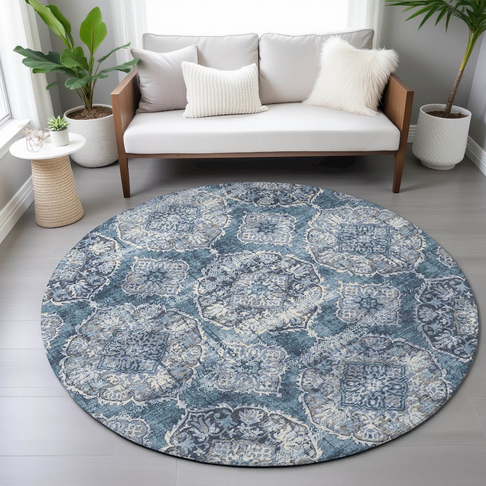 Machine Washable Indoor/Outdoor Chantille ACN2196 Denim 8' x 8' Round Rug. Picture 5