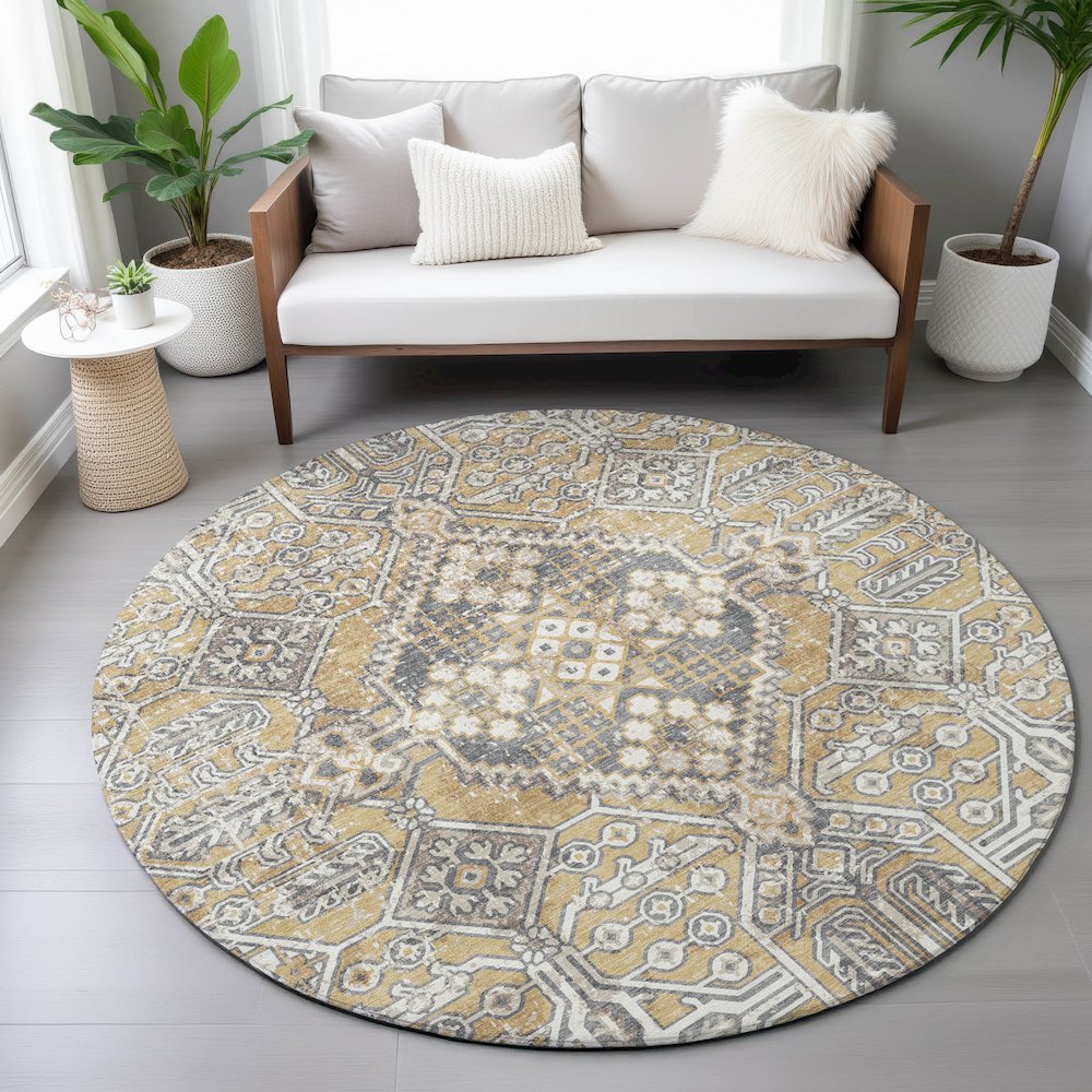 Machine Washable Indoor/Outdoor Chantille ACN2197 Gold 8' x 8' Round Rug. Picture 5