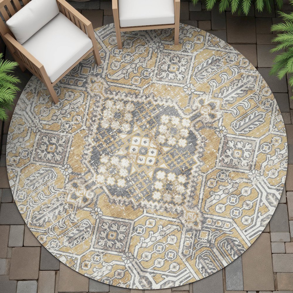 Machine Washable Indoor/Outdoor Chantille ACN2197 Gold 8' x 8' Round Rug. Picture 6