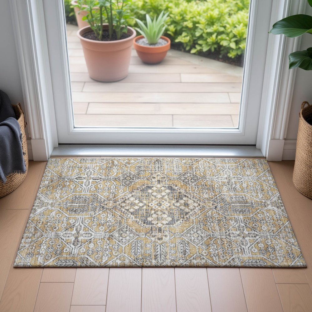 Machine Washable Indoor/Outdoor Chantille ACN2197 Gold 1'8" x 2'6" Rug. Picture 5
