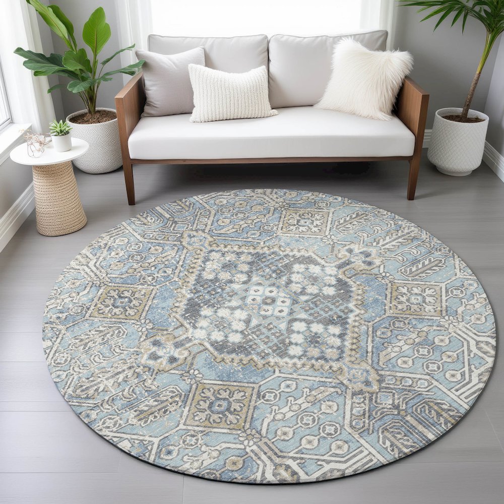 Machine Washable Indoor/Outdoor Chantille ACN2197 Sky 8' x 8' Round Rug. Picture 5