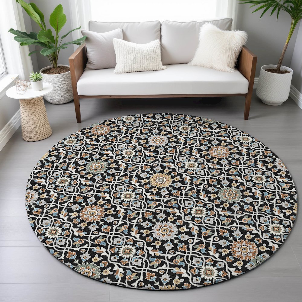 Machine Washable Indoor/Outdoor Chantille ACN2199 Black 8' x 8' Round Rug. Picture 5