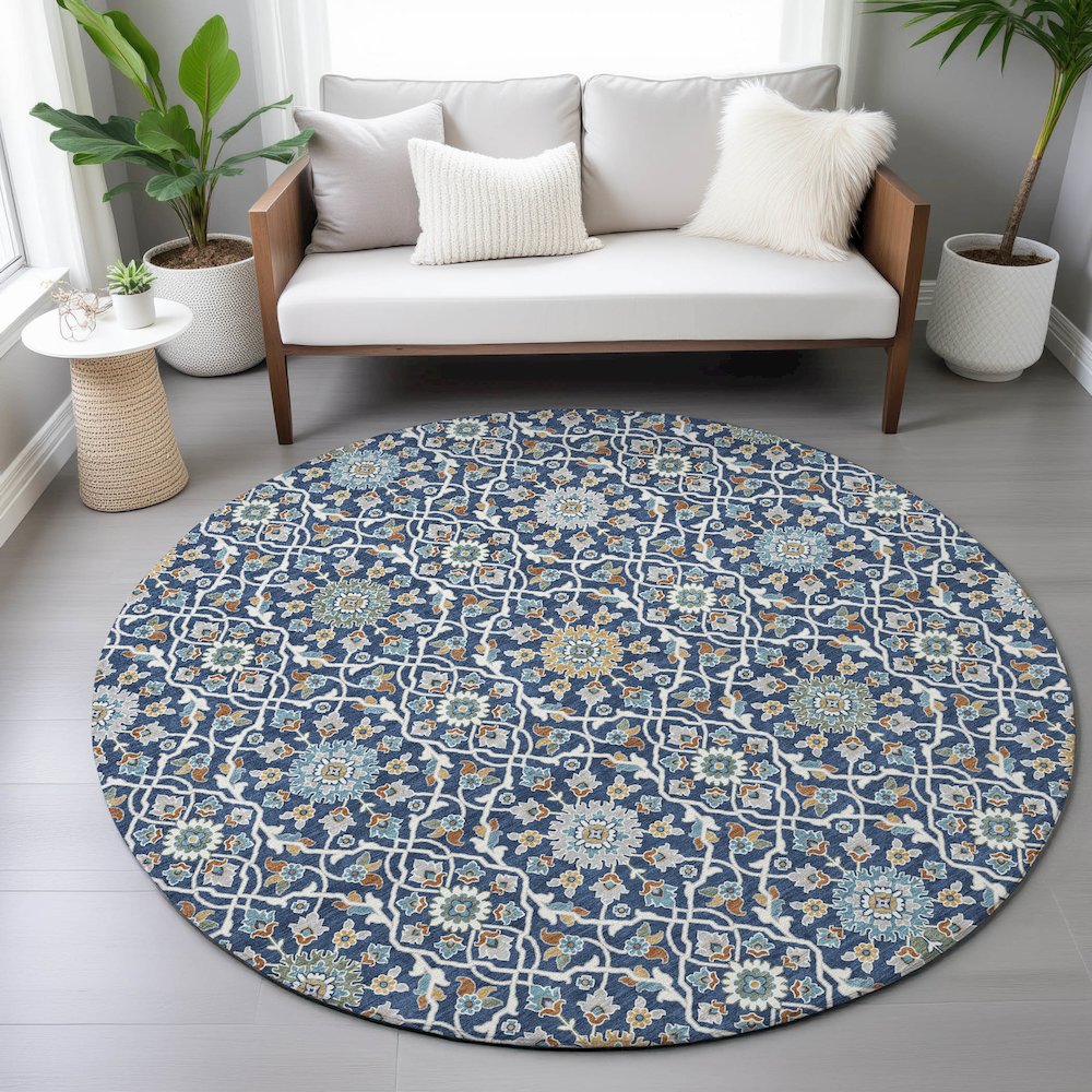Machine Washable Indoor/Outdoor Chantille ACN2199 Navy 8' x 8' Round Rug. Picture 5