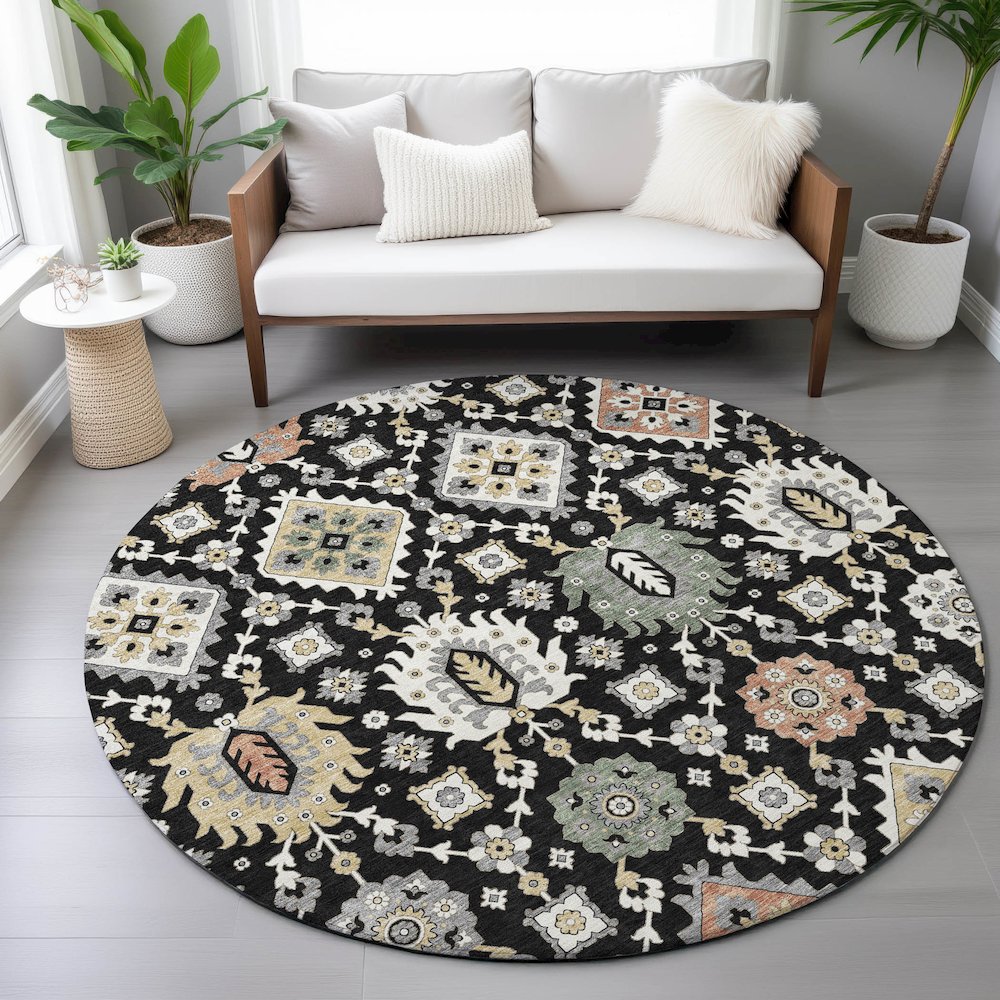 Machine Washable Indoor/Outdoor Chantille ACN2200 Black 8' x 8' Round Rug. Picture 5