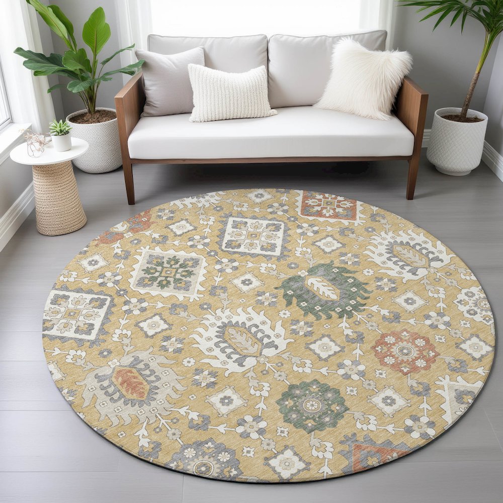 Machine Washable Indoor/Outdoor Chantille ACN2200 Gold 8' x 8' Round Rug. Picture 5