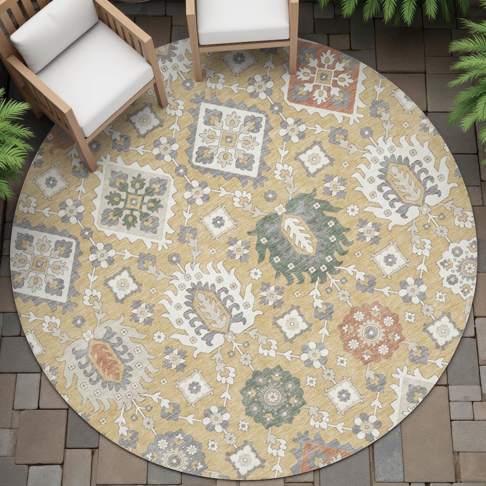 Machine Washable Indoor/Outdoor Chantille ACN2200 Gold 8' x 8' Round Rug. Picture 6
