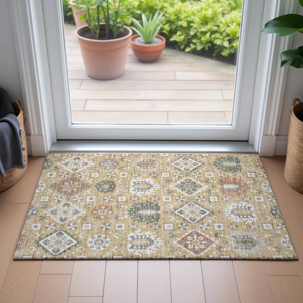 Machine Washable Indoor/Outdoor Chantille ACN2200 Gold 1'8" x 2'6" Rug. Picture 5