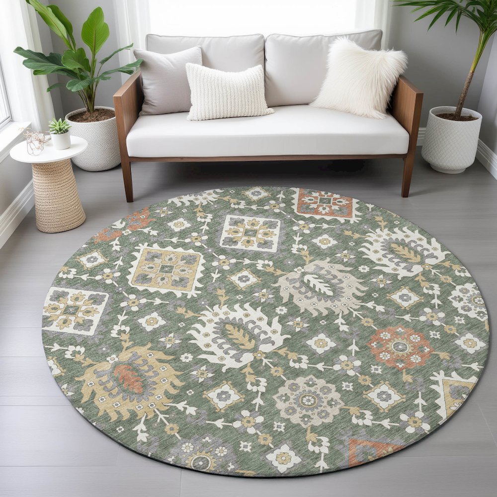 Machine Washable Indoor/Outdoor Chantille ACN2200 Green 8' x 8' Round Rug. Picture 5