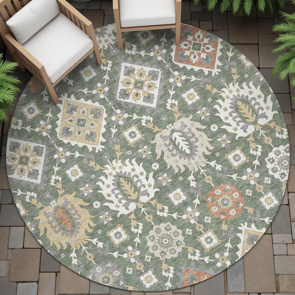 Machine Washable Indoor/Outdoor Chantille ACN2200 Green 8' x 8' Round Rug. Picture 6