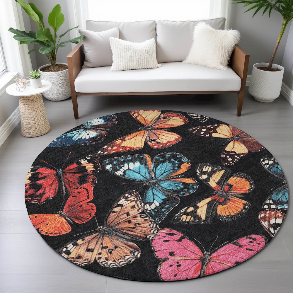 Machine Washable Indoor/Outdoor Chantille ACN2201 Black 8' x 8' Round Rug. Picture 5