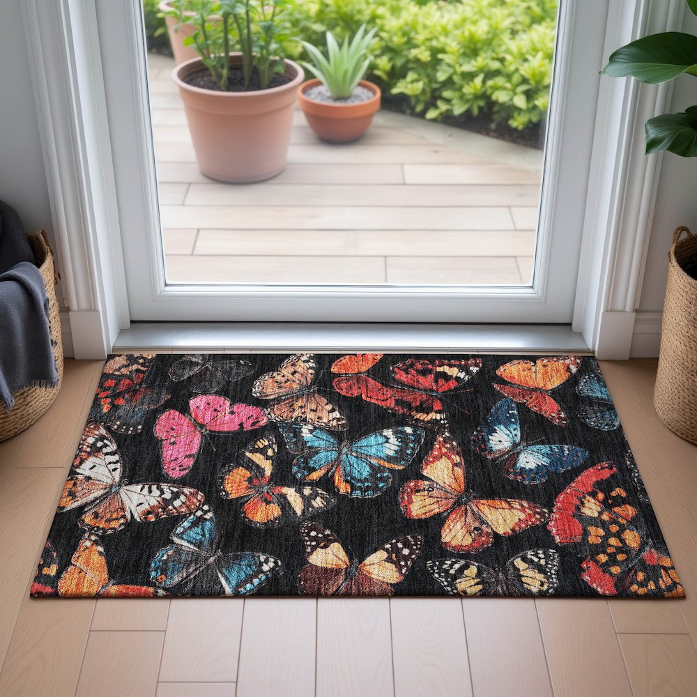 Machine Washable Indoor/Outdoor Chantille ACN2201 Black 1'8" x 2'6" Rug. Picture 5
