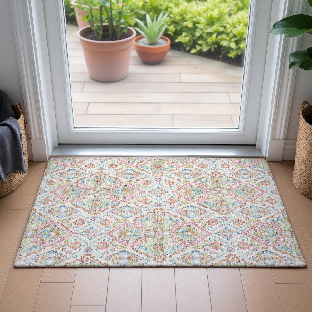 Machine Washable Indoor/Outdoor Chantille ACN2207 Ivory 1'8" x 2'6" Rug. Picture 5