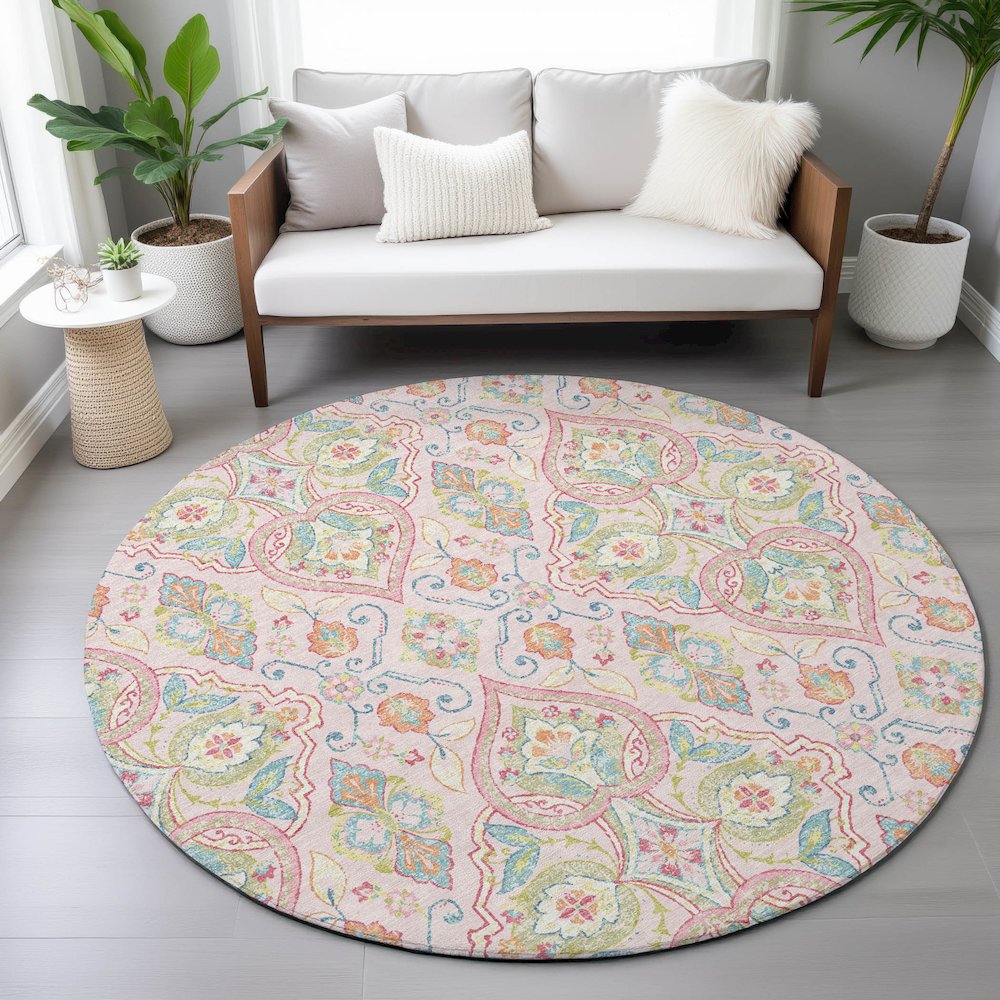 Machine Washable Indoor/Outdoor Chantille ACN2207 Pink 8' x 8' Round Rug. Picture 5