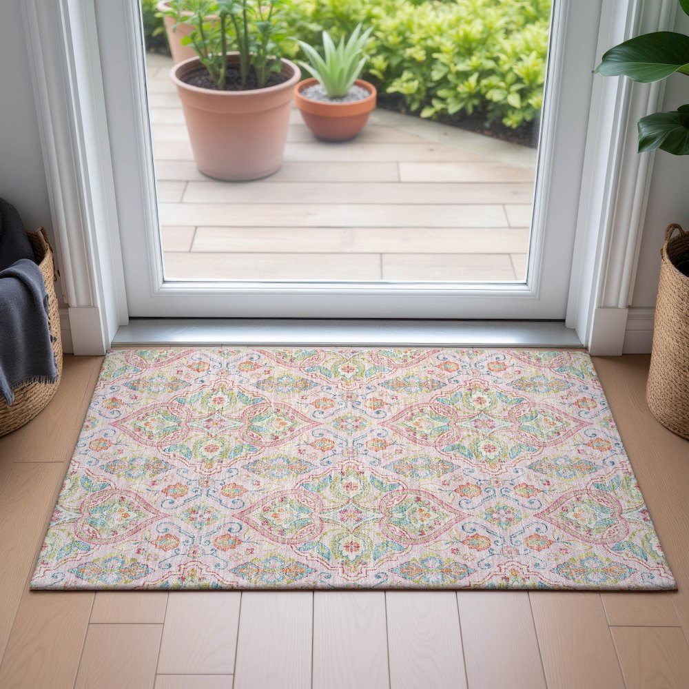 Machine Washable Indoor/Outdoor Chantille ACN2207 Pink 1'8" x 2'6" Rug. Picture 5
