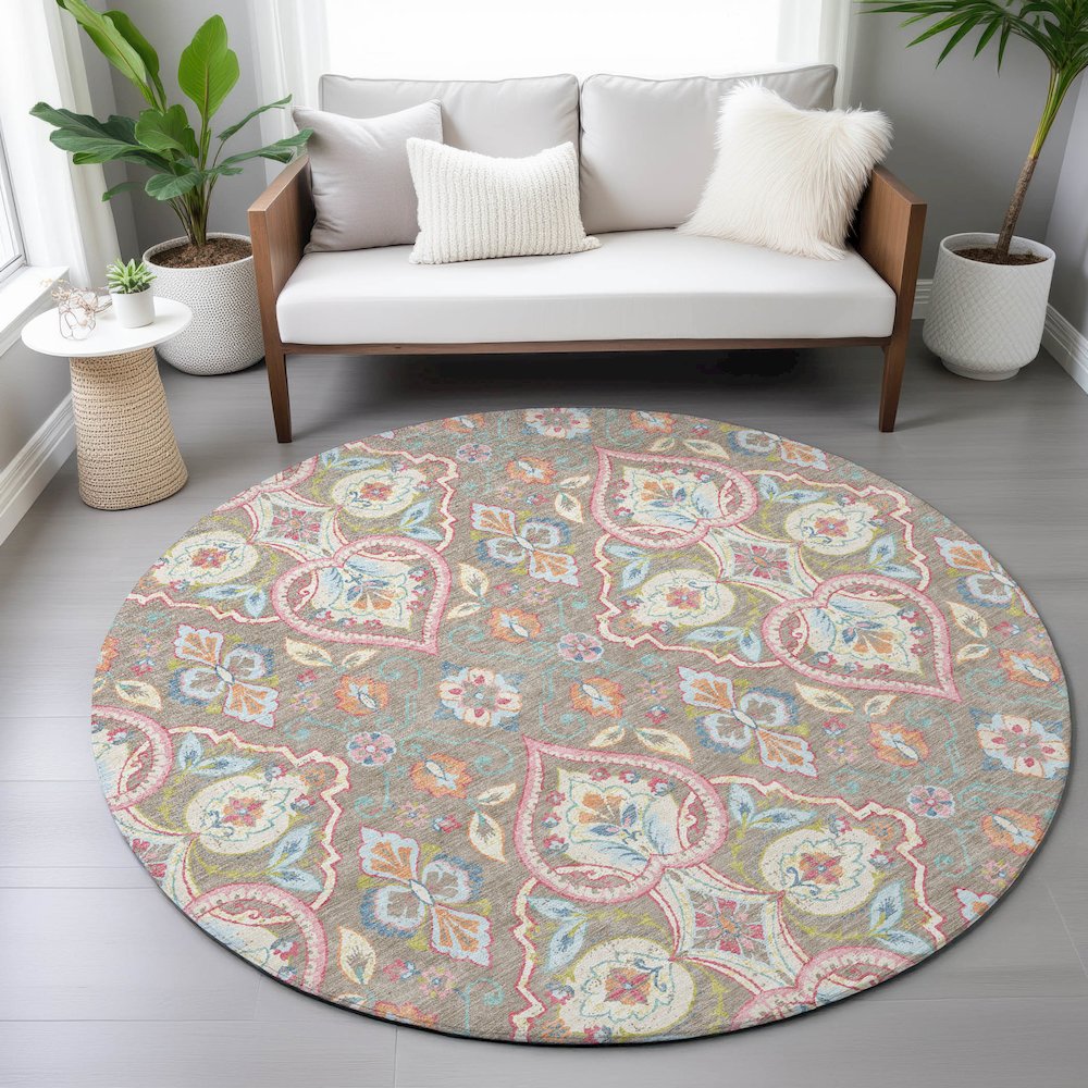 Machine Washable Indoor/Outdoor Chantille ACN2207 Taupe 8' x 8' Round Rug. Picture 5