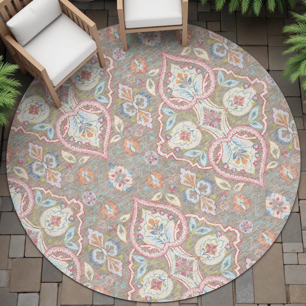 Machine Washable Indoor/Outdoor Chantille ACN2207 Taupe 8' x 8' Round Rug. Picture 6