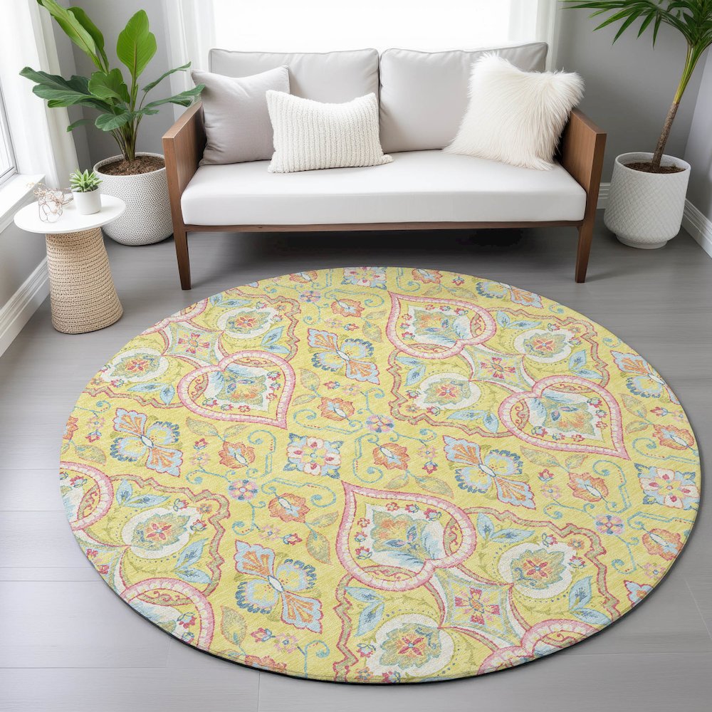 Machine Washable Indoor/Outdoor Chantille ACN2207 Yellow 8' x 8' Round Rug. Picture 5