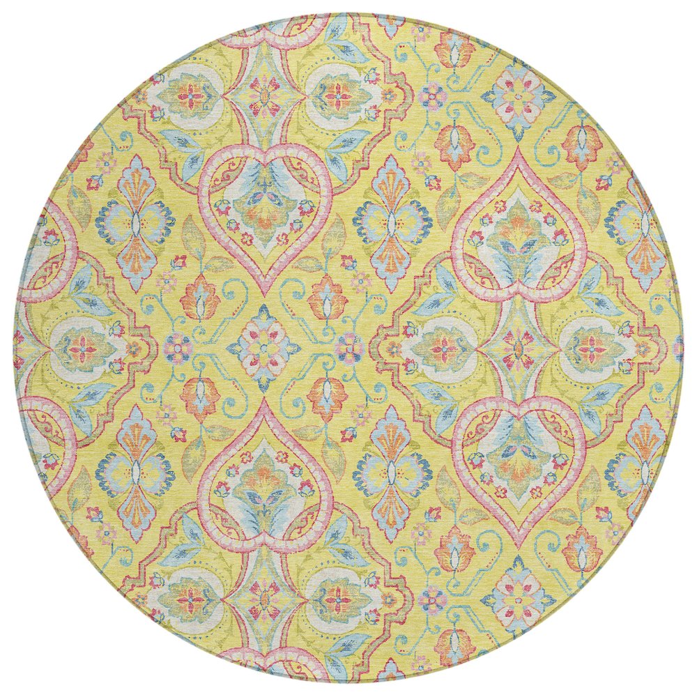 Machine Washable Indoor/Outdoor Chantille ACN2207 Yellow 8' x 8' Round Rug. Picture 1