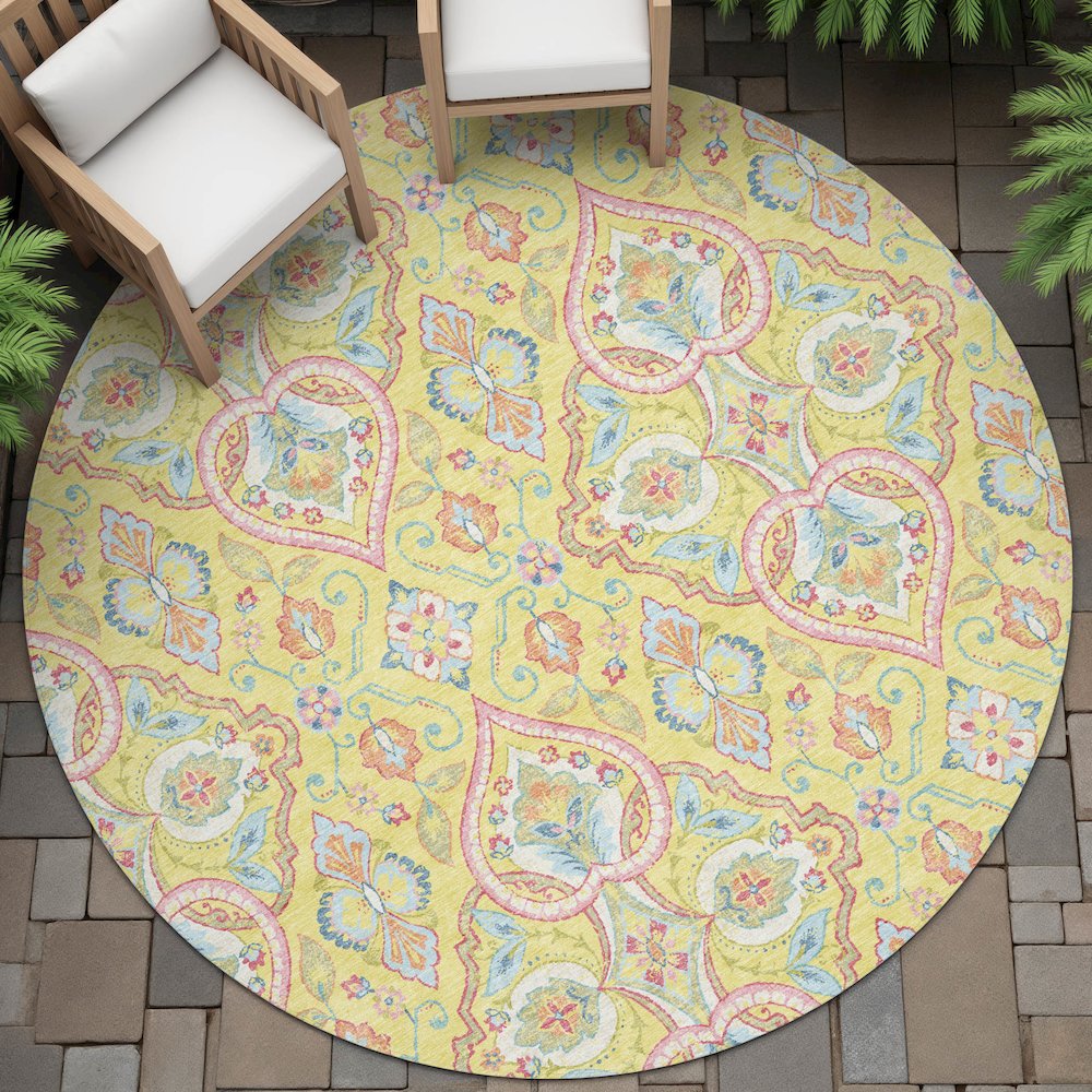 Machine Washable Indoor/Outdoor Chantille ACN2207 Yellow 8' x 8' Round Rug. Picture 6