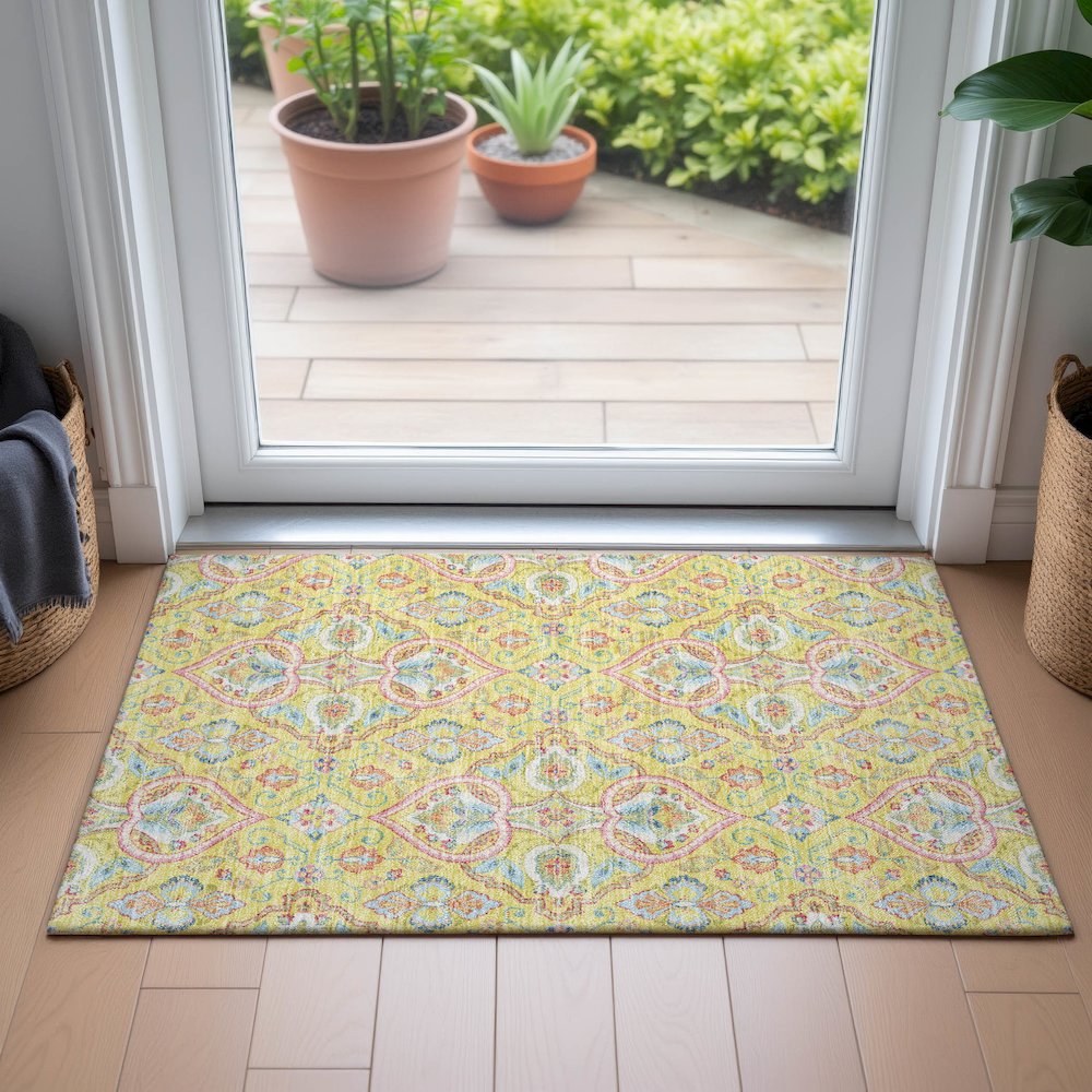 Machine Washable Indoor/Outdoor Chantille ACN2207 Yellow 1'8" x 2'6" Rug. Picture 5