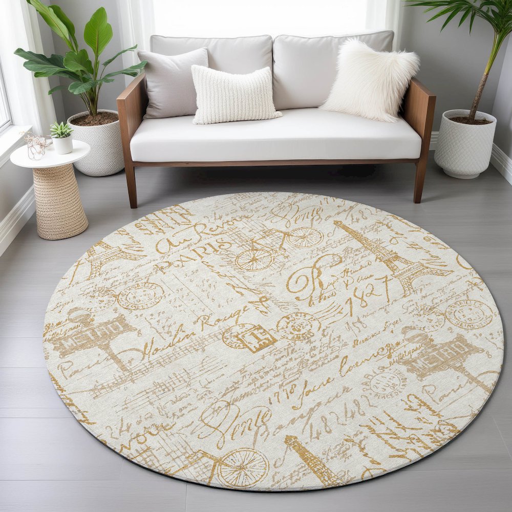 Machine Washable Indoor/Outdoor Chantille ACN2209 Gold 8' x 8' Round Rug. Picture 5