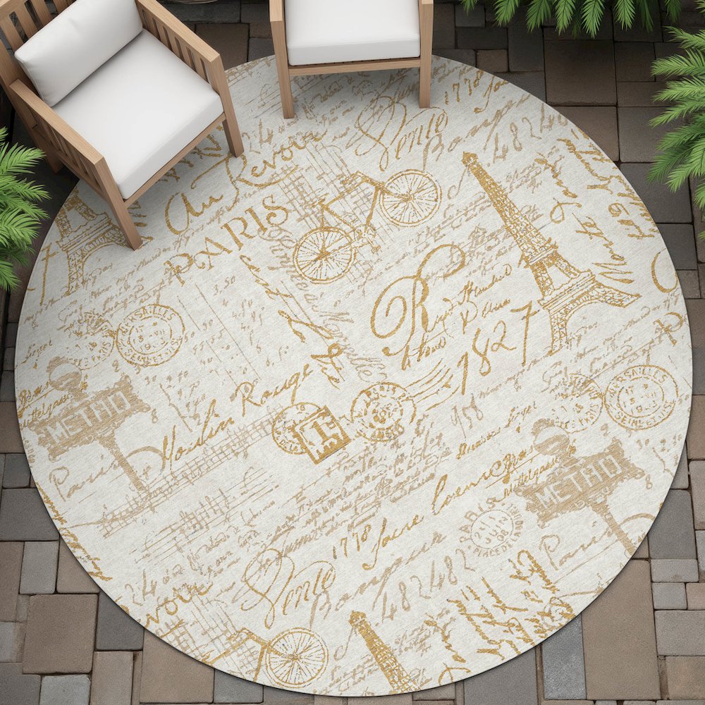 Machine Washable Indoor/Outdoor Chantille ACN2209 Gold 8' x 8' Round Rug. Picture 6