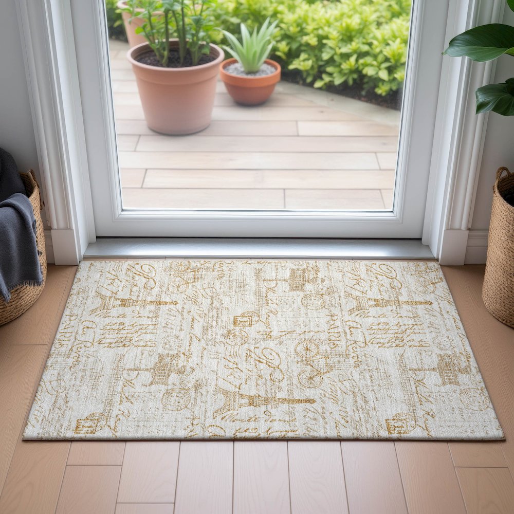 Machine Washable Indoor/Outdoor Chantille ACN2209 Gold 1'8" x 2'6" Rug. Picture 5
