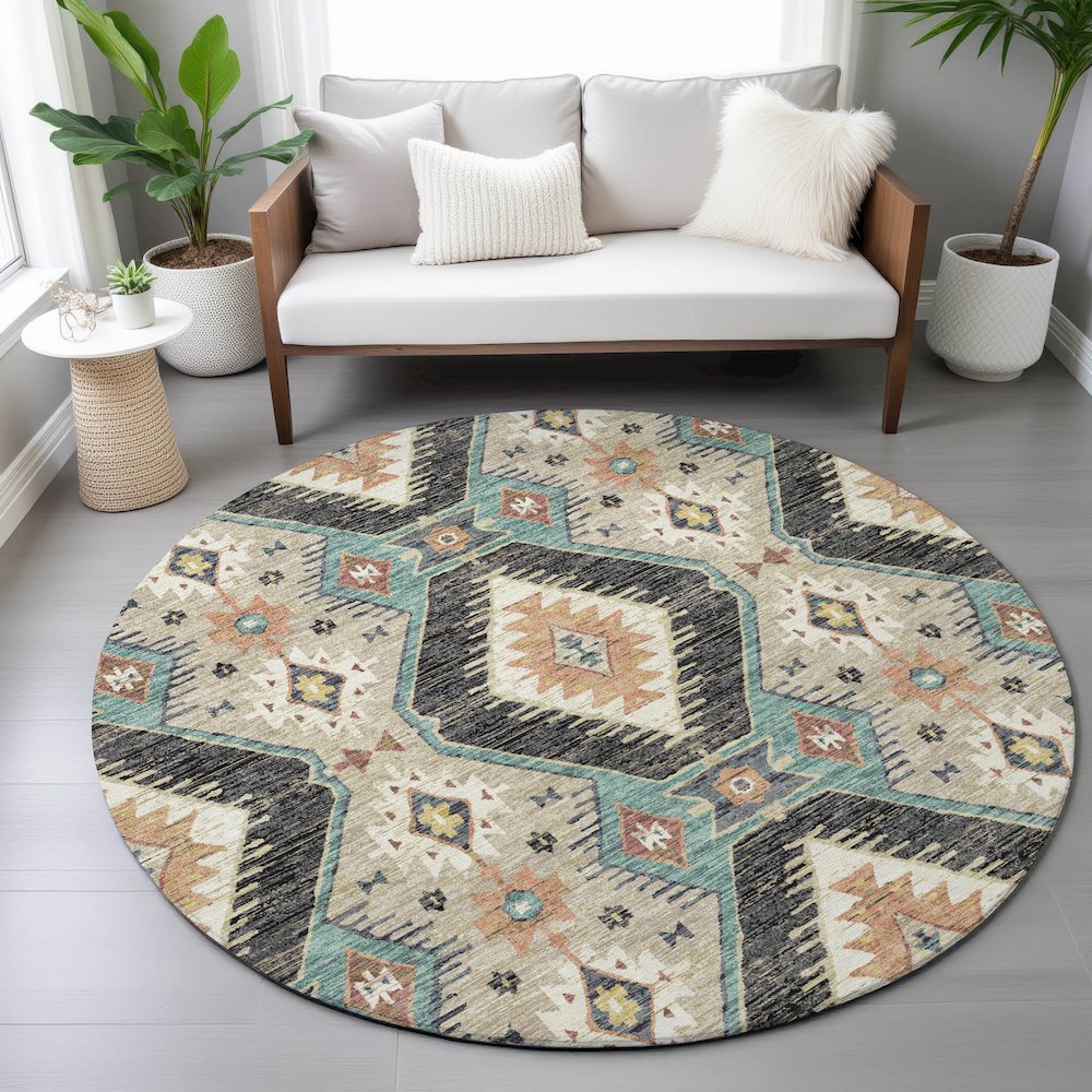Machine Washable Indoor/Outdoor Chantille ACN2210 Black 8' x 8' Round Rug. Picture 5