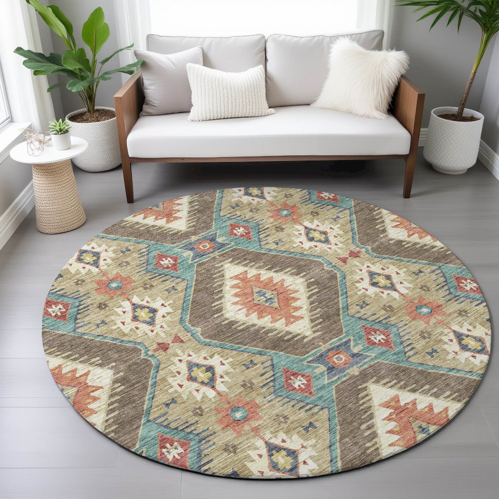 Machine Washable Indoor/Outdoor Chantille ACN2210 Khaki 8' x 8' Round Rug. Picture 5
