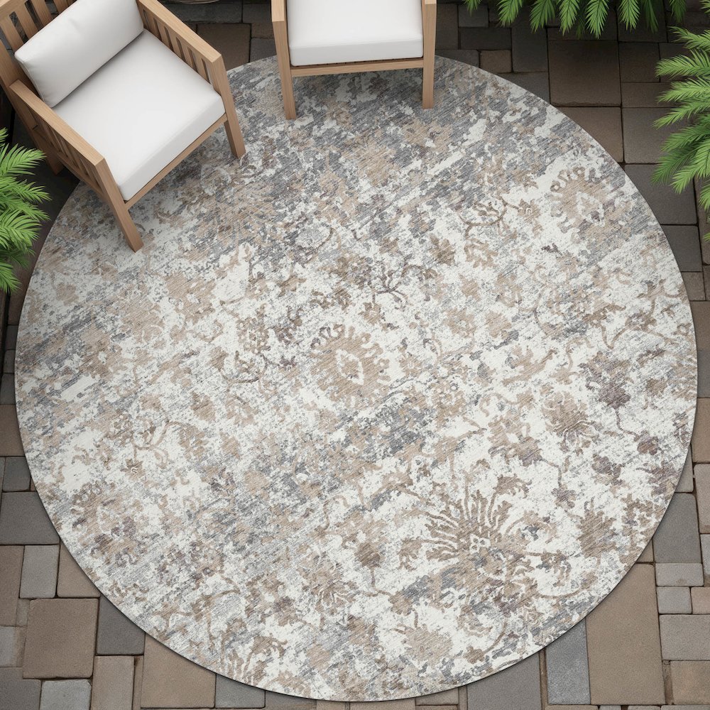 Machine Washable Indoor/Outdoor Chantille ACN2211 Taupe 8' x 8' Round Rug. Picture 6
