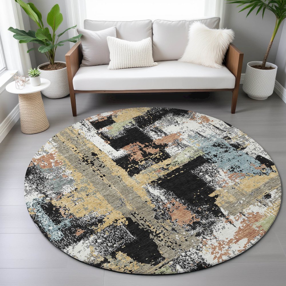 Machine Washable Indoor/Outdoor Chantille ACN2212 Black 8' x 8' Round Rug. Picture 5
