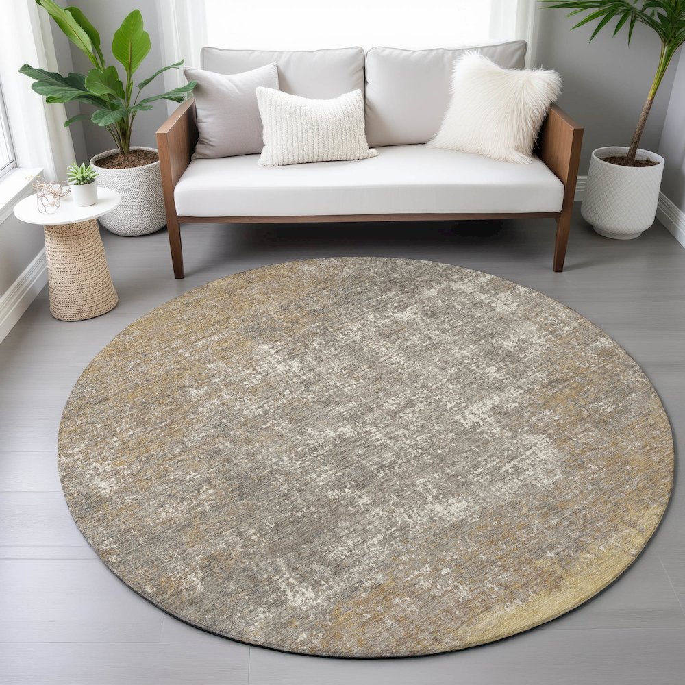 Machine Washable Indoor/Outdoor Chantille ACN2214 Gold 8' x 8' Round Rug. Picture 5