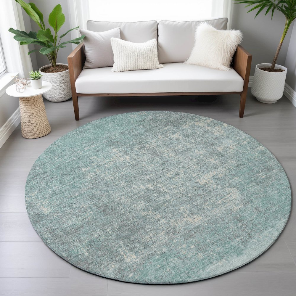 Machine Washable Indoor/Outdoor Chantille ACN2214 Teal 8' x 8' Round Rug. Picture 5