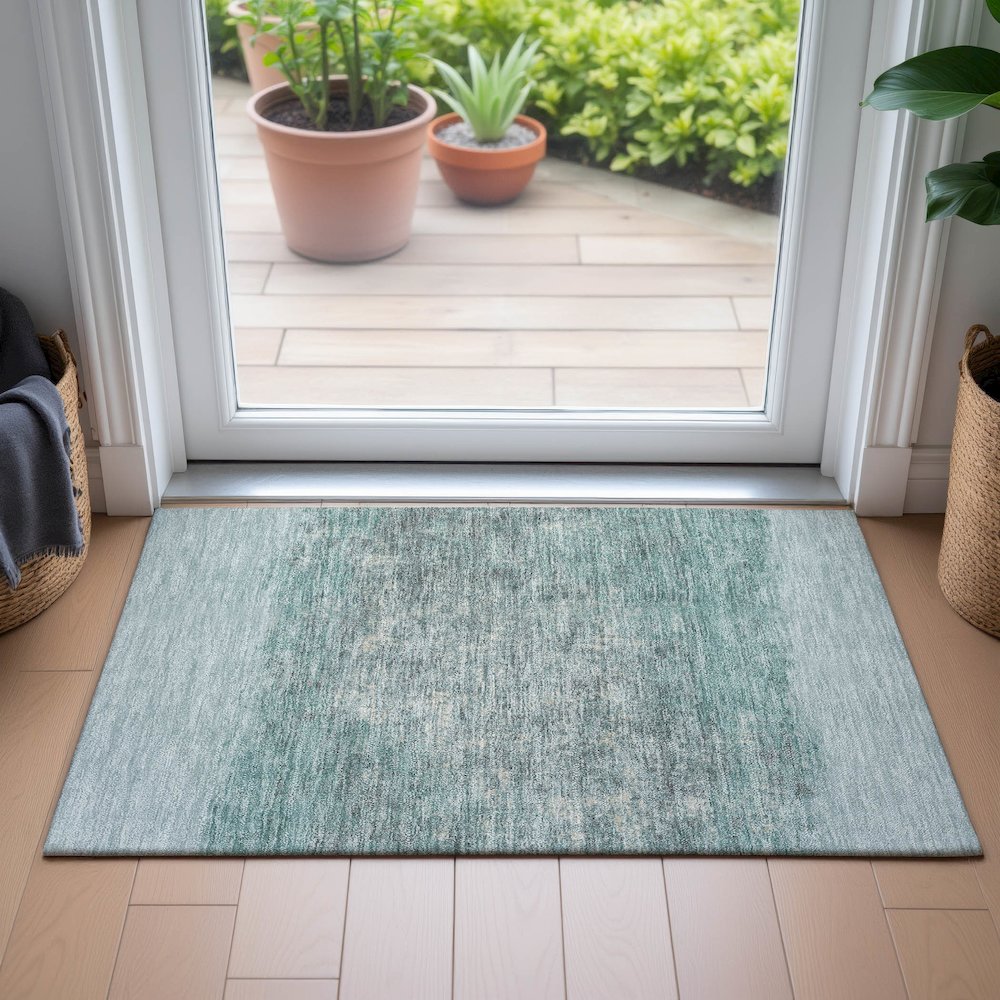 Machine Washable Indoor/Outdoor Chantille ACN2214 Teal 1'8" x 2'6" Rug. Picture 5