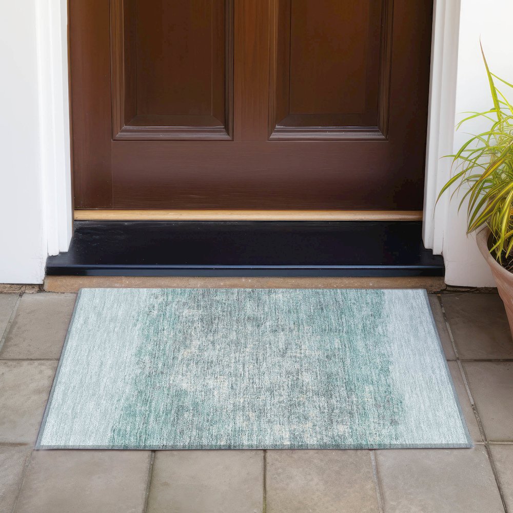 Machine Washable Indoor/Outdoor Chantille ACN2214 Teal 1'8" x 2'6" Rug. Picture 6