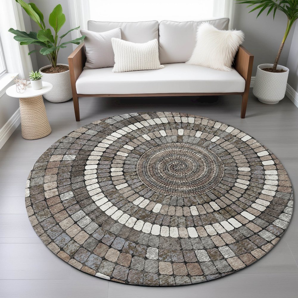 Machine Washable Indoor/Outdoor Chantille ACN2216 Brown 8' x 8' Round Rug. Picture 5