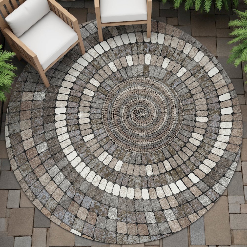 Machine Washable Indoor/Outdoor Chantille ACN2216 Brown 8' x 8' Round Rug. Picture 6