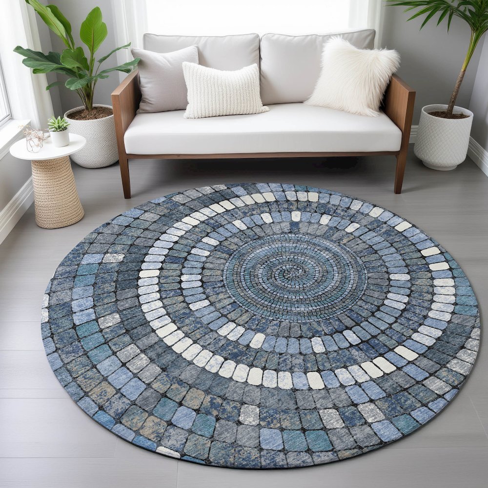 Machine Washable Indoor/Outdoor Chantille ACN2216 Navy 8' x 8' Round Rug. Picture 5